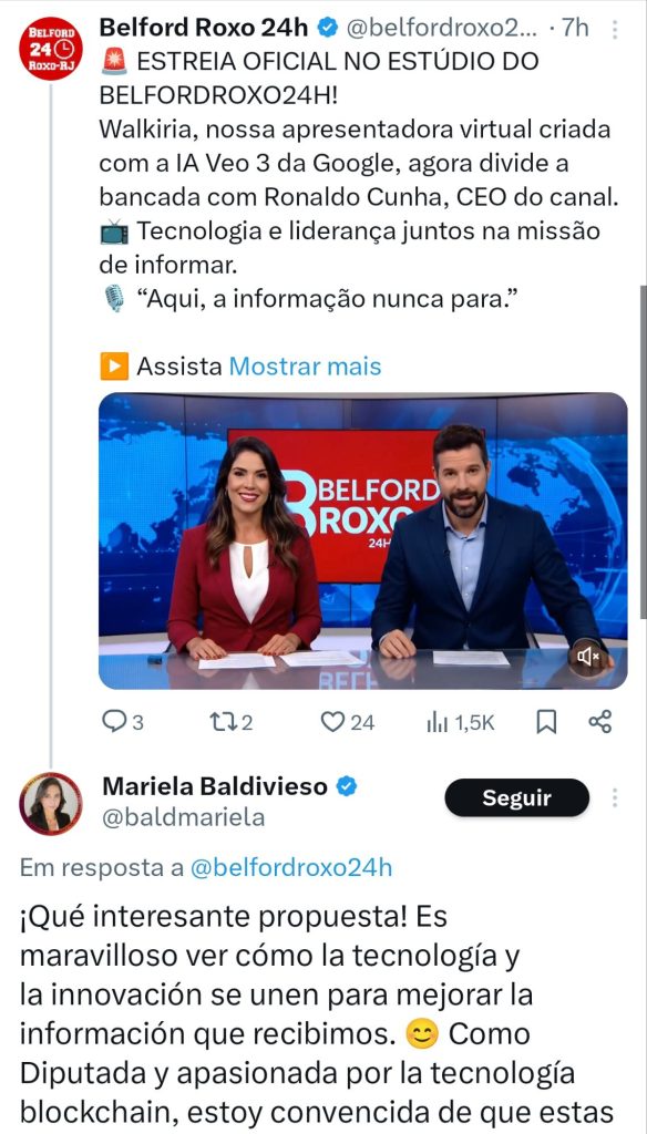 Deputada boliviana Mariela Baldivieso parabeniza o BelfordRoxo24h pela estreia de Walkiria, apresentadora virtual criada com IA 1 screenshot 2025 05 28 20 21 47 111 com3269361897135512628